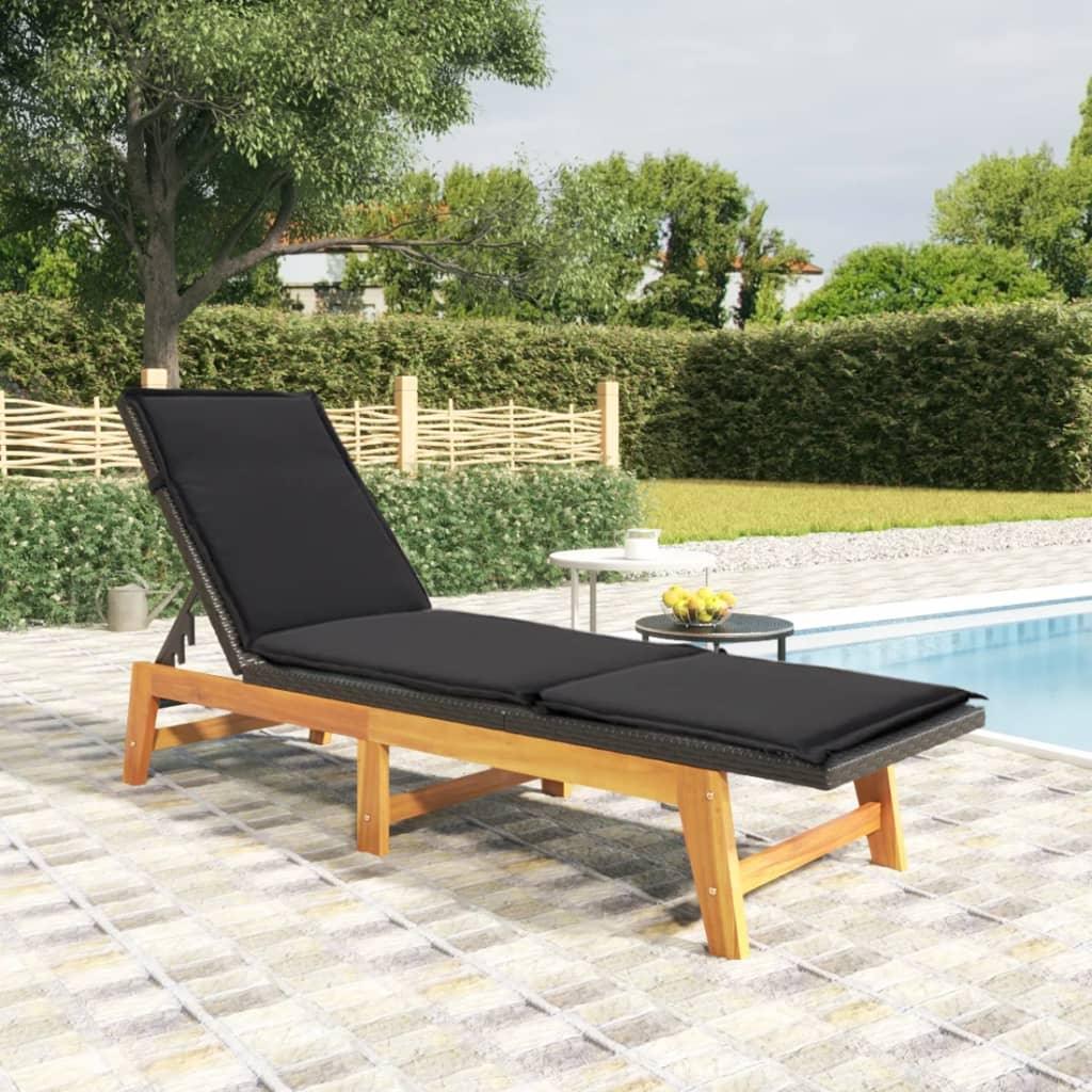 Sun Lounger with Cushion Poly Rattan and Solid Wood Acacia at Set Shop and Smile