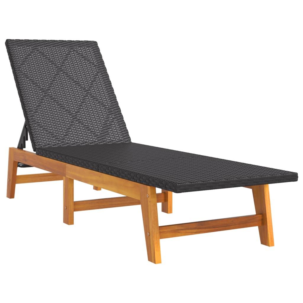 Sun Lounger Black and Brown Poly Rattan and Solid Wood Acacia at Set Shop and Smile