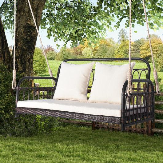 880LBS Wicker Hanging Porch Swing with Cushions-White at Set Shop and Smile