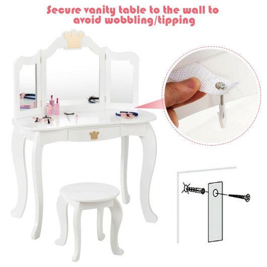 Kids Makeup Dressing Table with Tri-folding Mirror and Stool-White at Set Shop and Smile