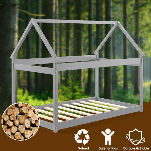 Stable Kids Platform Floor Bed with Roof ang Heavy-Duty Slats-Gray at Set Shop and Smile