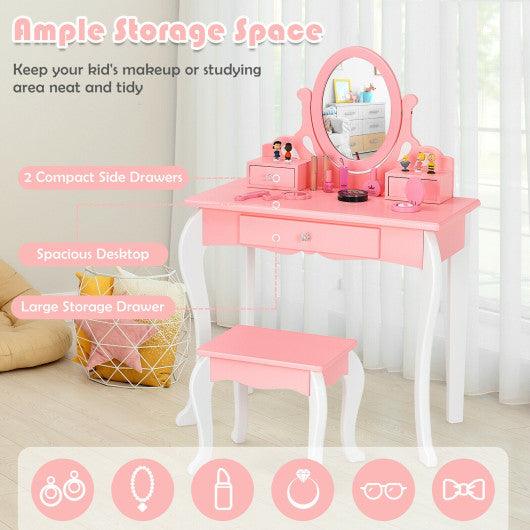 Kids Vanity Princess Makeup Dressing Table Stool Set with Mirror and Drawer-Pink at Set Shop and Smile