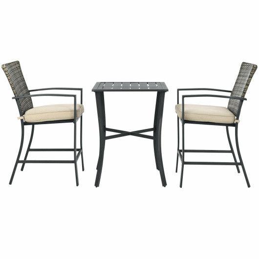 3 Pieces Patio Rattan Bar Furniture Set with Slat Table and 2 Cushioned Stools-Gray at Set Shop and Smile