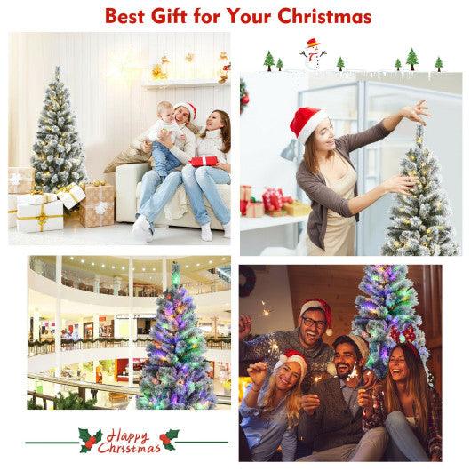 5 Feet Pre-Lit Hinged Christmas Tree Snow Flocked with 9 Modes Remote Control Lights at Set Shop and Smile