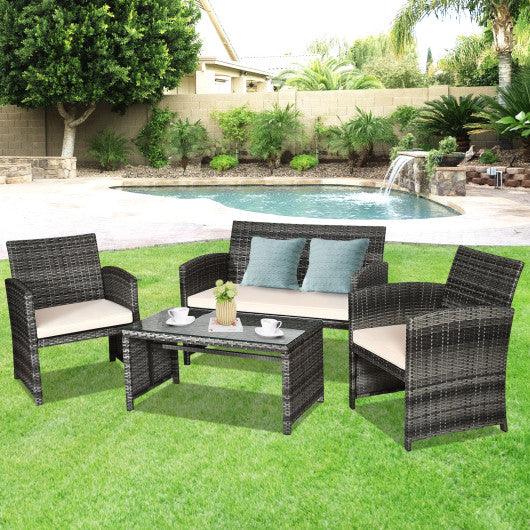 4 Pcs Patio Rattan Furniture Set Top Sofa With Glass Table-White at Set Shop and Smile