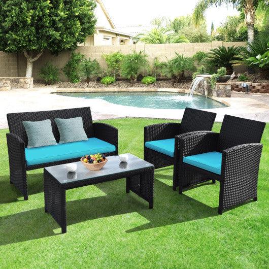 4 Pieces Rattan Patio Furniture Set with Weather Resistant Cushions and Tempered Glass Tabletop-Turquoise at Set Shop and Smile