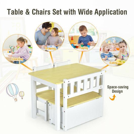 4 Pieces Kids Wooden Activity Table and Chairs Set with Storage Bench and Study Desk-Natural at Set Shop and Smile
