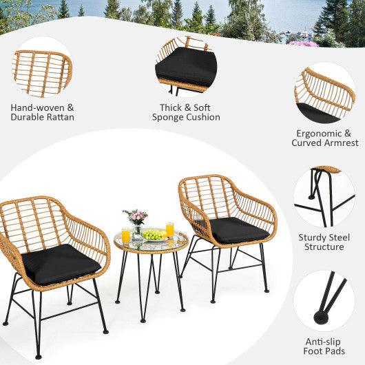 3 Pieces Rattan Furniture Set with Cushioned Chair Table-Black at Set Shop and Smile