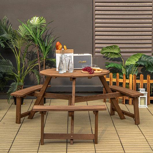 6-person Round Wooden Picnic Table with Umbrella Hole and 3 Built-in Benches-Dark Brown at Set Shop and Smile