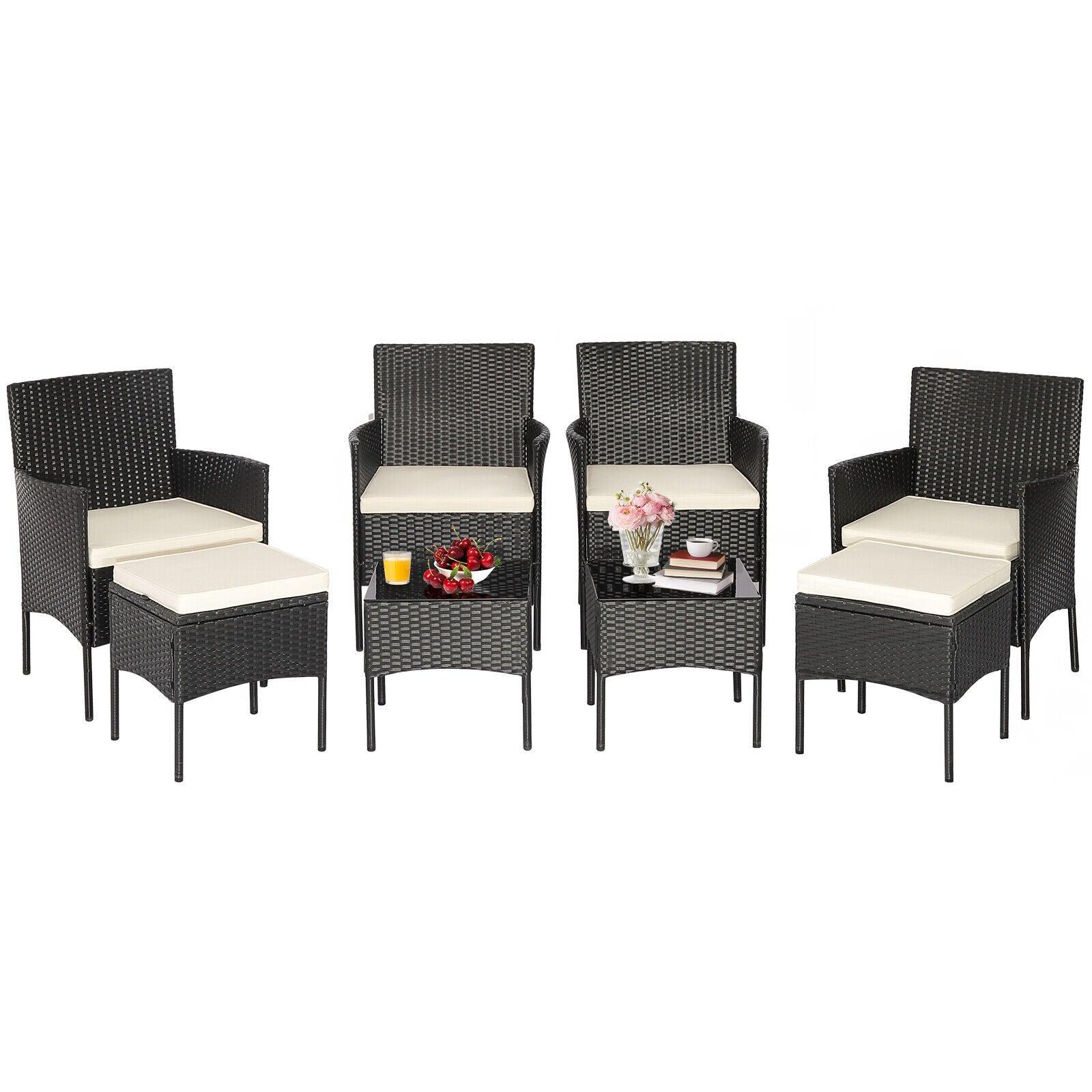 8 Pieces Patio Wicker Conversation Set with 2 Coffee Tables and 2 Ottomans at Set Shop and Smile