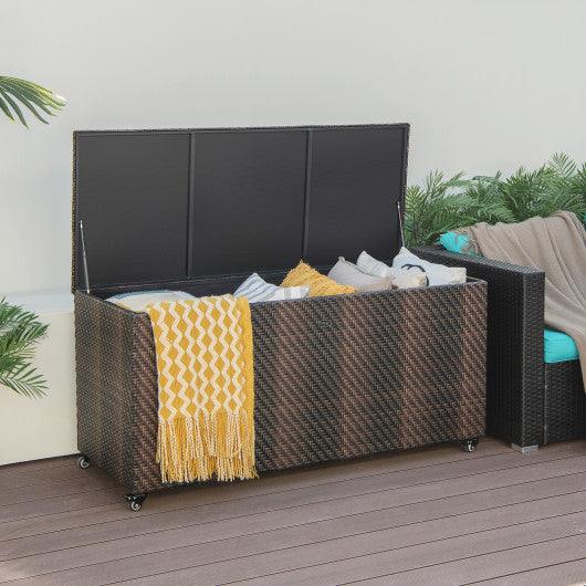 96 Gallon PE Wicker Outdoor Storage Box with 4 Wheels-Brown at Set Shop and Smile