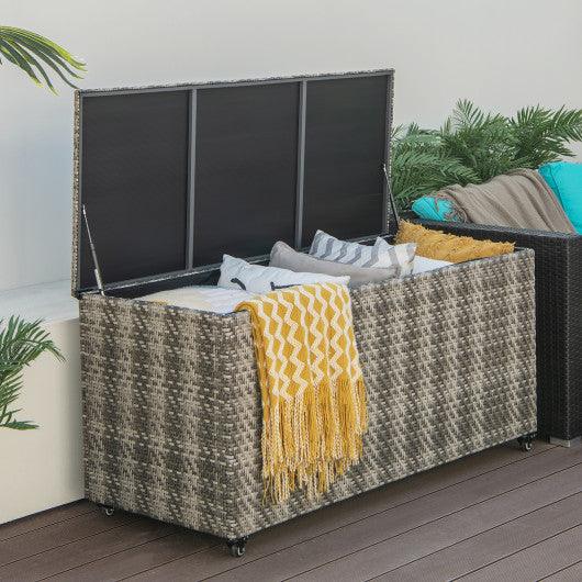 96 Gallon PE Wicker Outdoor Storage Box with 4 Wheels-Gray at Set Shop and Smile