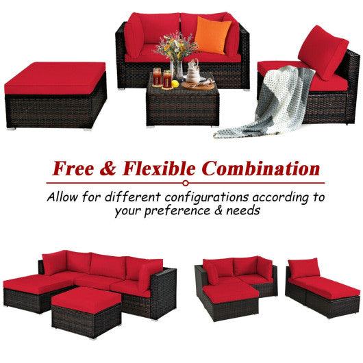5 Pieces Patio Rattan Sofa Set with Cushion and Ottoman-Red at Set Shop and Smile