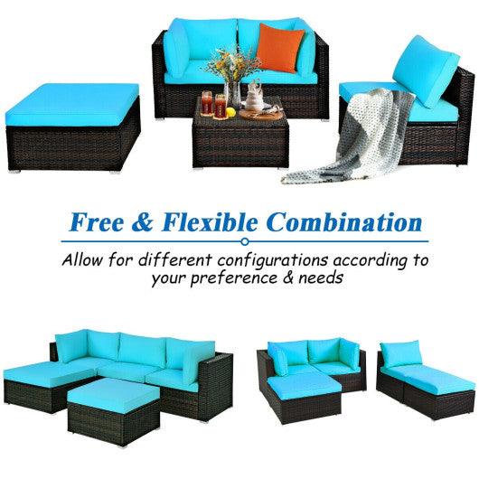 5 Pieces Patio Rattan Sectional Conversation Ottoman Furniture Set-Blue at Set Shop and Smile