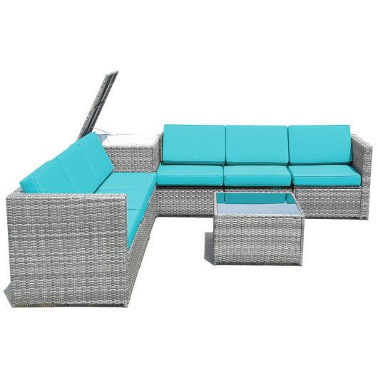8 Piece Wicker Sofa Rattan Dinning Set Patio Furniture with Storage Table-Turquoise at Set Shop and Smile