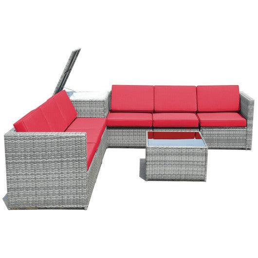 8 Piece Wicker Sofa Rattan Dinning Set Patio Furniture with Storage Table-Red at Set Shop and Smile