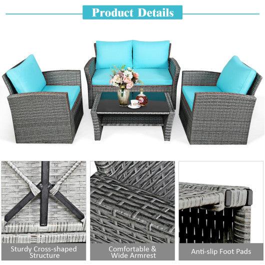4 Pieces Patio Rattan Furniture Set Sofa Table with Storage Shelf Cushion-Turquoise at Set Shop and Smile