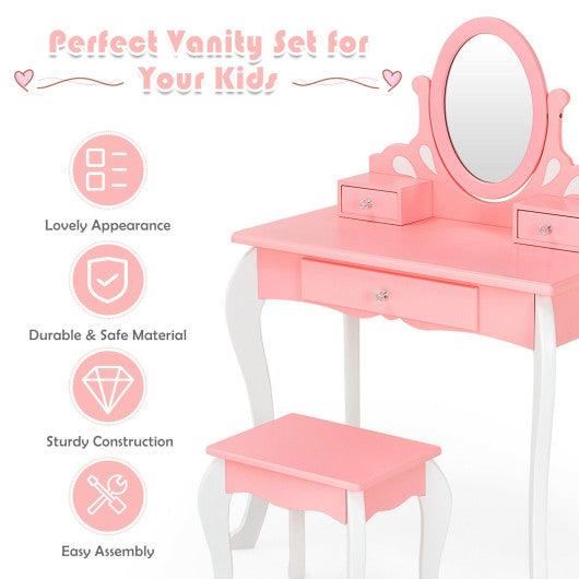 Kids Vanity Princess Makeup Dressing Table Stool Set with Mirror and Drawer-Pink at Set Shop and Smile