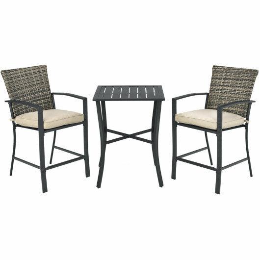 3 Pieces Patio Rattan Bar Furniture Set with Slat Table and 2 Cushioned Stools-Gray at Set Shop and Smile