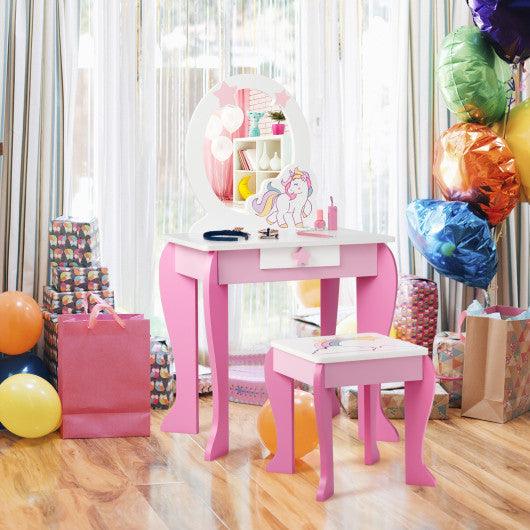 Kids Wooden Makeup Dressing Table and Chair Set with Mirror and Drawer at Set Shop and Smile