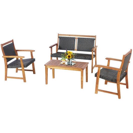 4 Pieces Outdoor Patio Rattan Furniture Sofa Set with Acacia Wood Frame at Set Shop and Smile