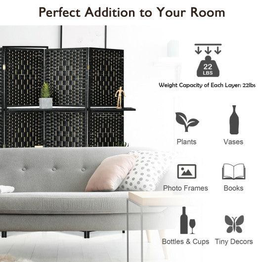 6 Panel Folding Weave Fiber Room Divider with 2 Display Shelves -Black at Set Shop and Smile