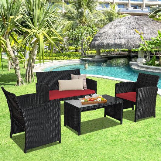 4 Pieces Rattan Patio Furniture Set with Weather Resistant Cushions and Tempered Glass Tabletop-Red at Set Shop and Smile