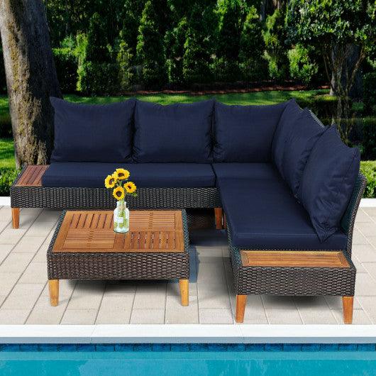 4 Pieces Patio Cushioned Rattan Furniture Set with Wooden Side Table-Navy at Set Shop and Smile