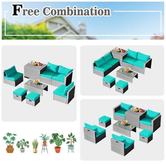 8 Pieces Patio Rattan Furniture Set with Storage Waterproof Cover and Cushion-Turquoise at Set Shop and Smile