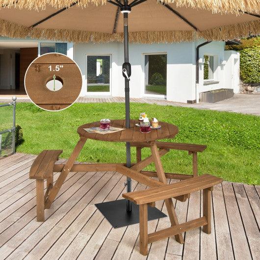 6-person Round Wooden Picnic Table with Umbrella Hole and 3 Built-in Benches-Dark Brown at Set Shop and Smile
