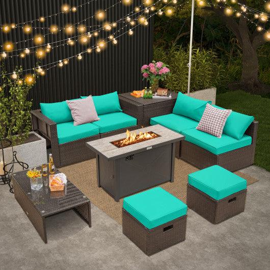 9 Pieces Outdoor Patio Furniture Set with 42 Inch Propane Fire Pit Table-Turquoise at Set Shop and Smile