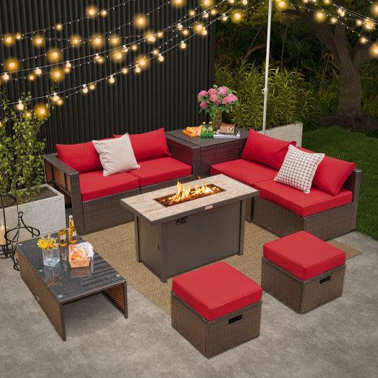 9 Pieces Outdoor Patio Furniture Set with 42 Inch Propane Fire Pit Table-Red at Set Shop and Smile