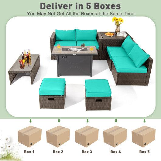 9 Pieces Outdoor Patio Furniture Set with 42 Inch Propane Fire Pit Table-Turquoise at Set Shop and Smile