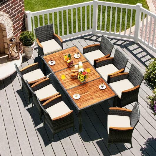 9 Pieces Rattan Patio Dining Set with Acacia Wood Table and Cushioned Chair at Set Shop and Smile