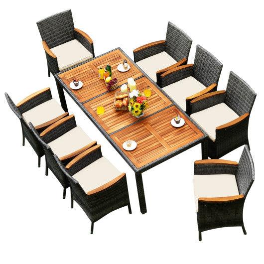 9 Pieces Rattan Patio Dining Set with Acacia Wood Table and Cushioned Chair at Set Shop and Smile
