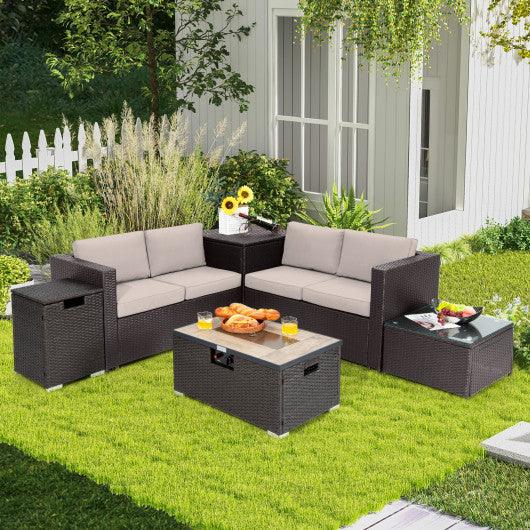6 Pieces Outdoor Wicker Furniture Set with 32 Inch Propane Fire Pit Table-Beige at Set Shop and Smile