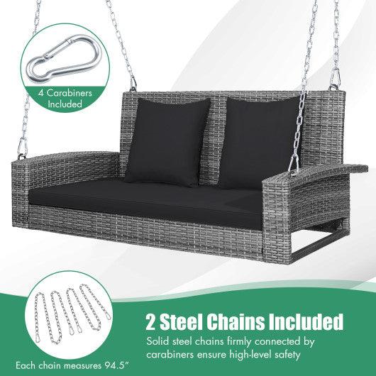 2-Person Patio PE Wicker Hanging Porch Swing Bench Chair Cushion 800 Pounds-Black at Set Shop and Smile