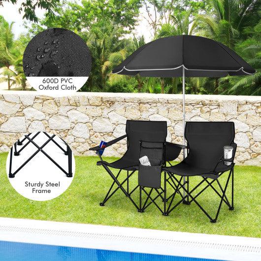 Portable Folding Picnic Double Chair With Umbrella-Black at Set Shop and Smile