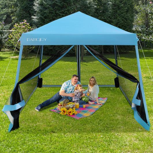 10 x 10 Feet Pop Up Canopy with with Mesh Sidewalls and Roller Bag-Blue at Set Shop and Smile