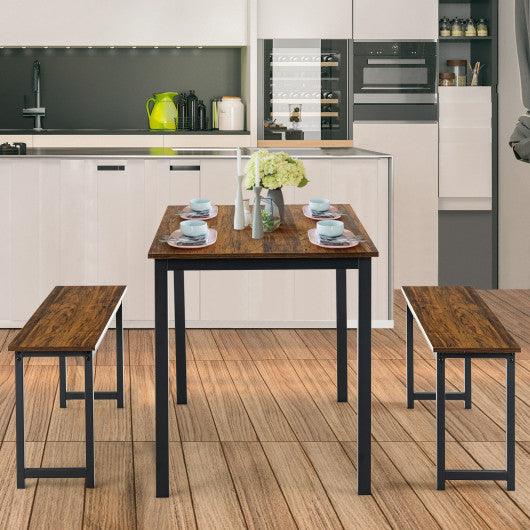 3 Pieces Dining Table Set with 2 Benches for Dining Room Kitchen Bar-Brown at Set Shop and Smile
