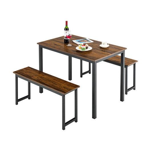 3 Pieces Dining Table Set with 2 Benches for Dining Room Kitchen Bar-Brown at Set Shop and Smile