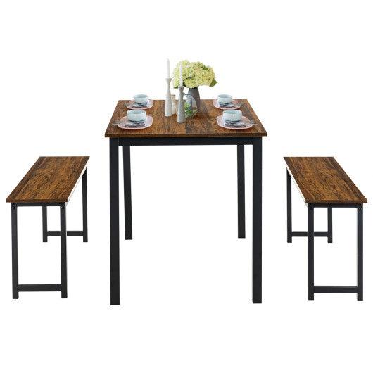 3 Pieces Dining Table Set with 2 Benches for Dining Room Kitchen Bar-Brown at Set Shop and Smile