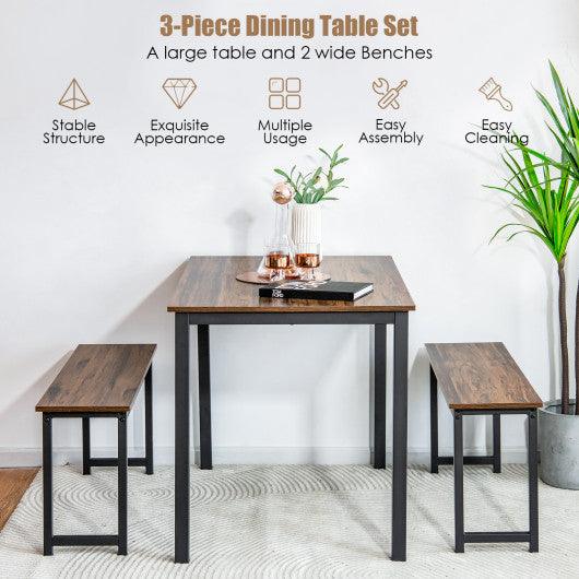 3 Pieces Dining Table Set with 2 Benches for Dining Room Kitchen Bar-Brown at Set Shop and Smile