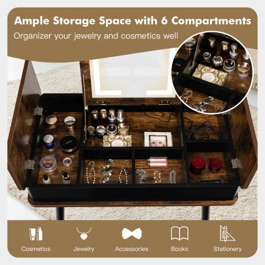 Vanity Table Set with Flip Top Mirror Lights USB Writing Desk and Stool-Brown at Set Shop and Smile