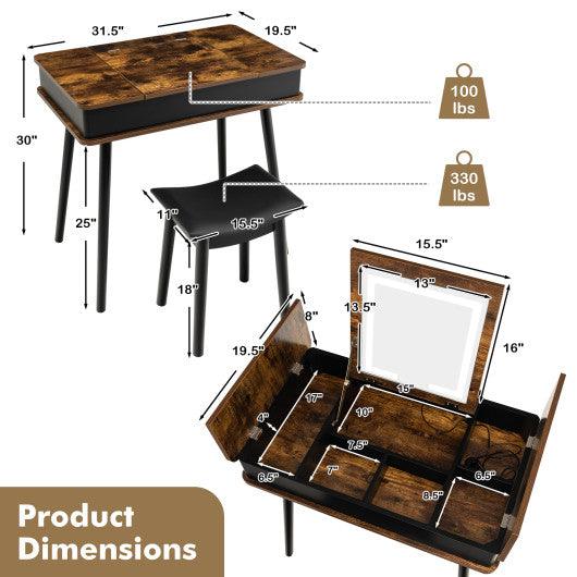 Vanity Table Set with Flip Top Mirror Lights USB Writing Desk and Stool-Brown at Set Shop and Smile