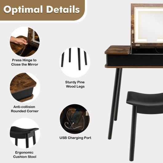 Vanity Table Set with Flip Top Mirror Lights USB Writing Desk and Stool-Brown at Set Shop and Smile