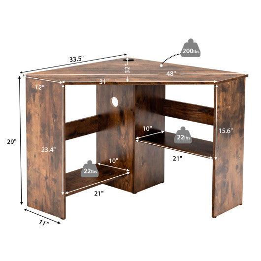 Corner Computer Desk Triangle Writing Workstation with Storage Shelf-Rustic Brown at Set Shop and Smile