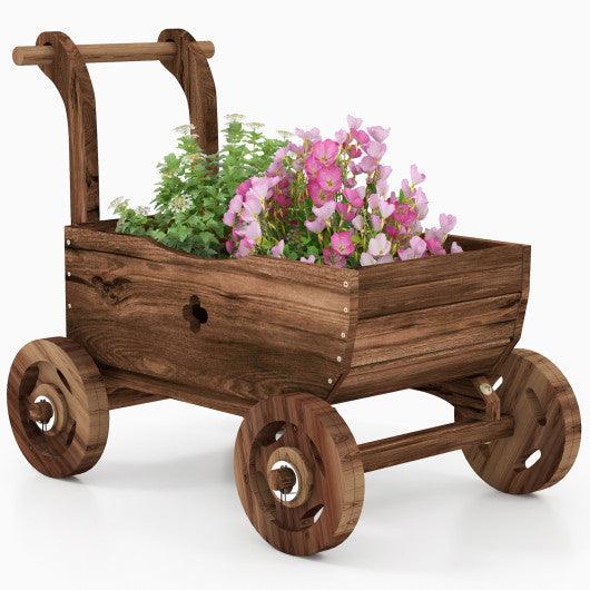 Decorative Wooden Wagon Cart with Handle Wheels and Drainage Hole-Rustic Brown at Set Shop and Smile