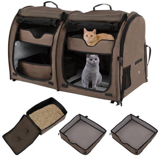 Double Compartment Pet Carrier with 2 Removable Hammocks-Brown at Set Shop and Smile