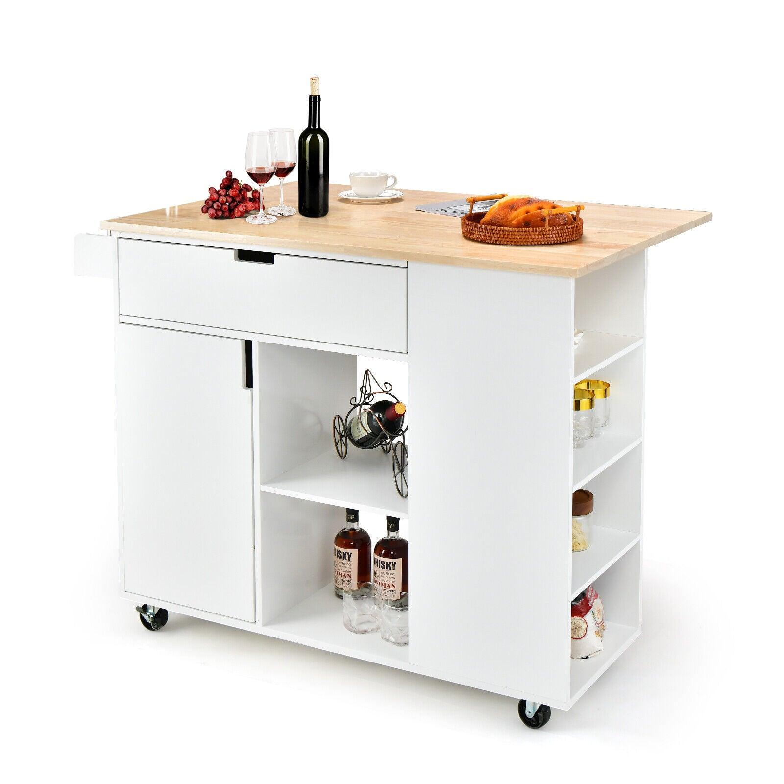 Drop-Leaf Kitchen Island with Rubber Wood Top-White at Set Shop and Smile